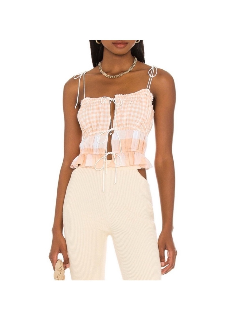 For Love & Lemons Peach Gingham Tie-Front Camisole